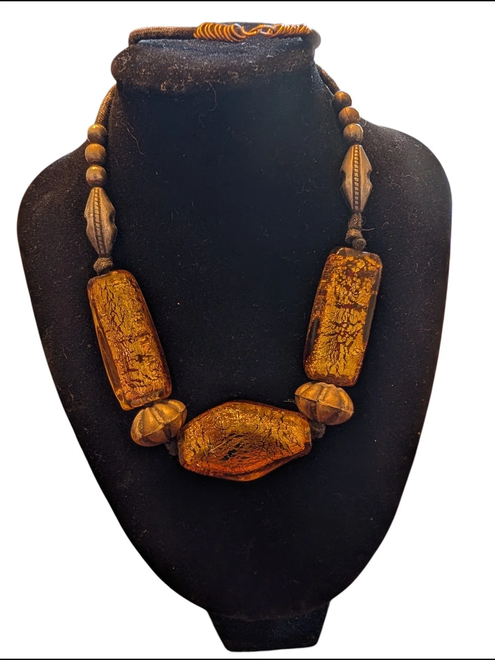 Metallic Amber Gold Glass Artisan Bead Statement Necklace